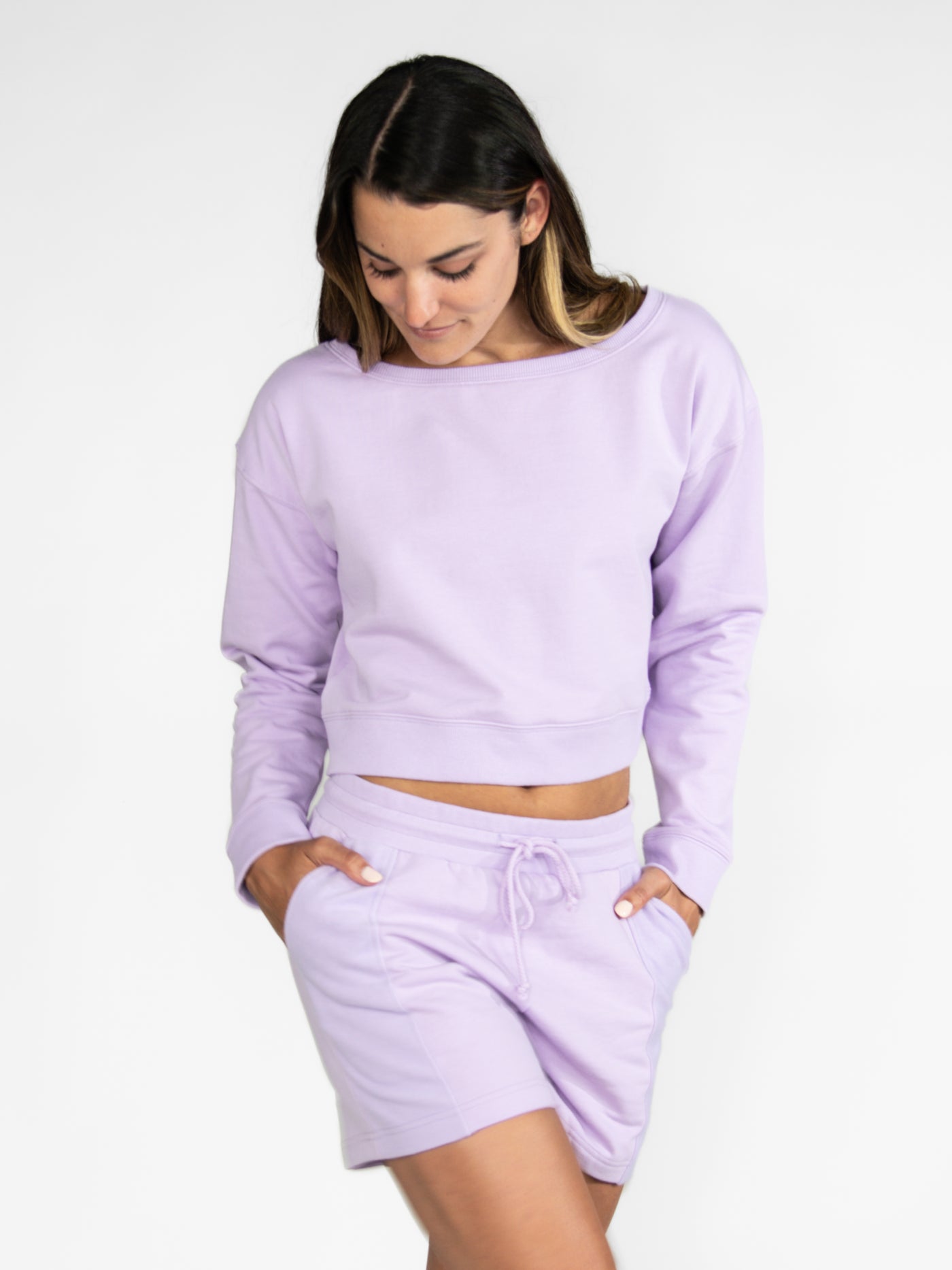French Terry Off Shoulder Cropped Sweatshirt