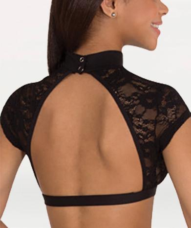 Short Sleeved Lace Mock-Neck Bra Top with Open Back - WOMENS