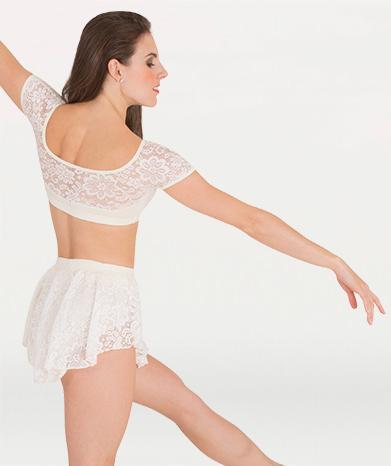 Lace dance costume top for Tiler Peck Designs, a girls and womens dancewear collection for Body Wrappers by Tiler Peck, Principle Dancer of New York City Ballet NYCB who can also be seen as Sienna Milken in the Netflix series Pretty Little Things.